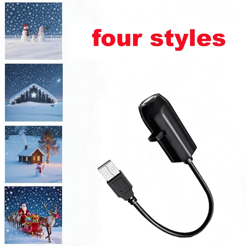 A black Halloween ghost and skull projector night light with a cord shown next to four winter scenes.