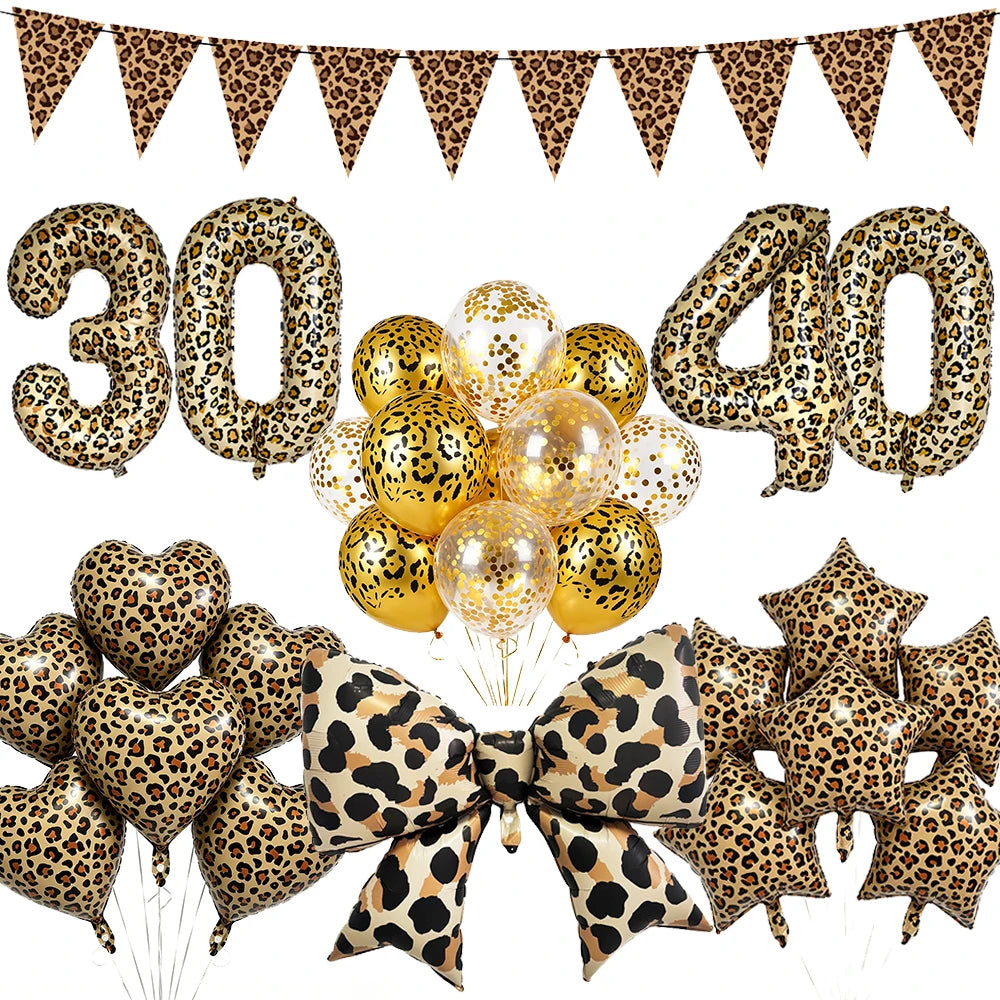 A set of leopard print foil balloons and pennants for party decorations