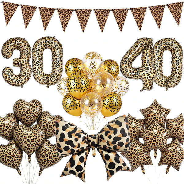 A set of leopard print foil balloons and pennants for party decorations