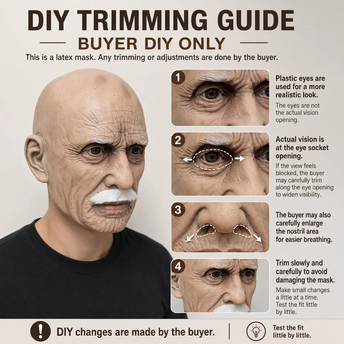 A guide showing how to trim and adjust a latex mask for a realistic old man look.