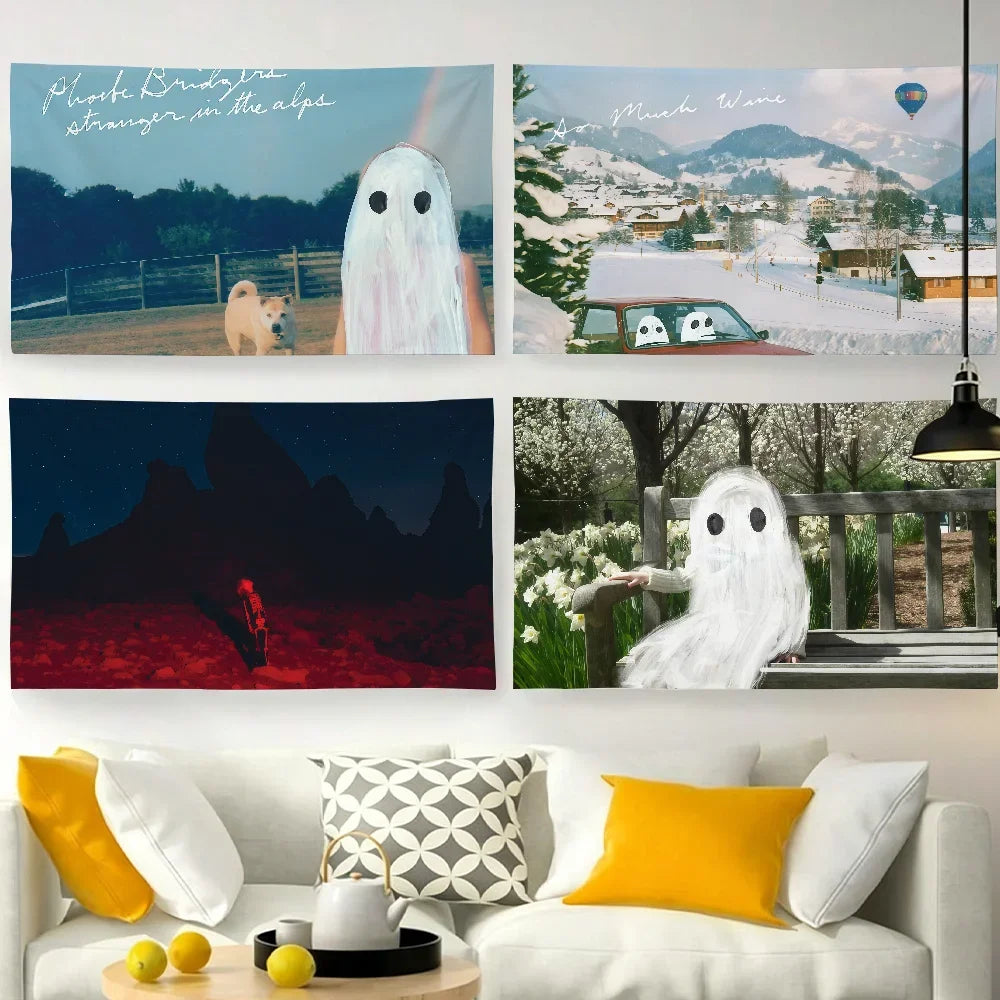 A gallery wall featuring various pieces of Phoebe Bridgers album art tapestries and wall hangings.