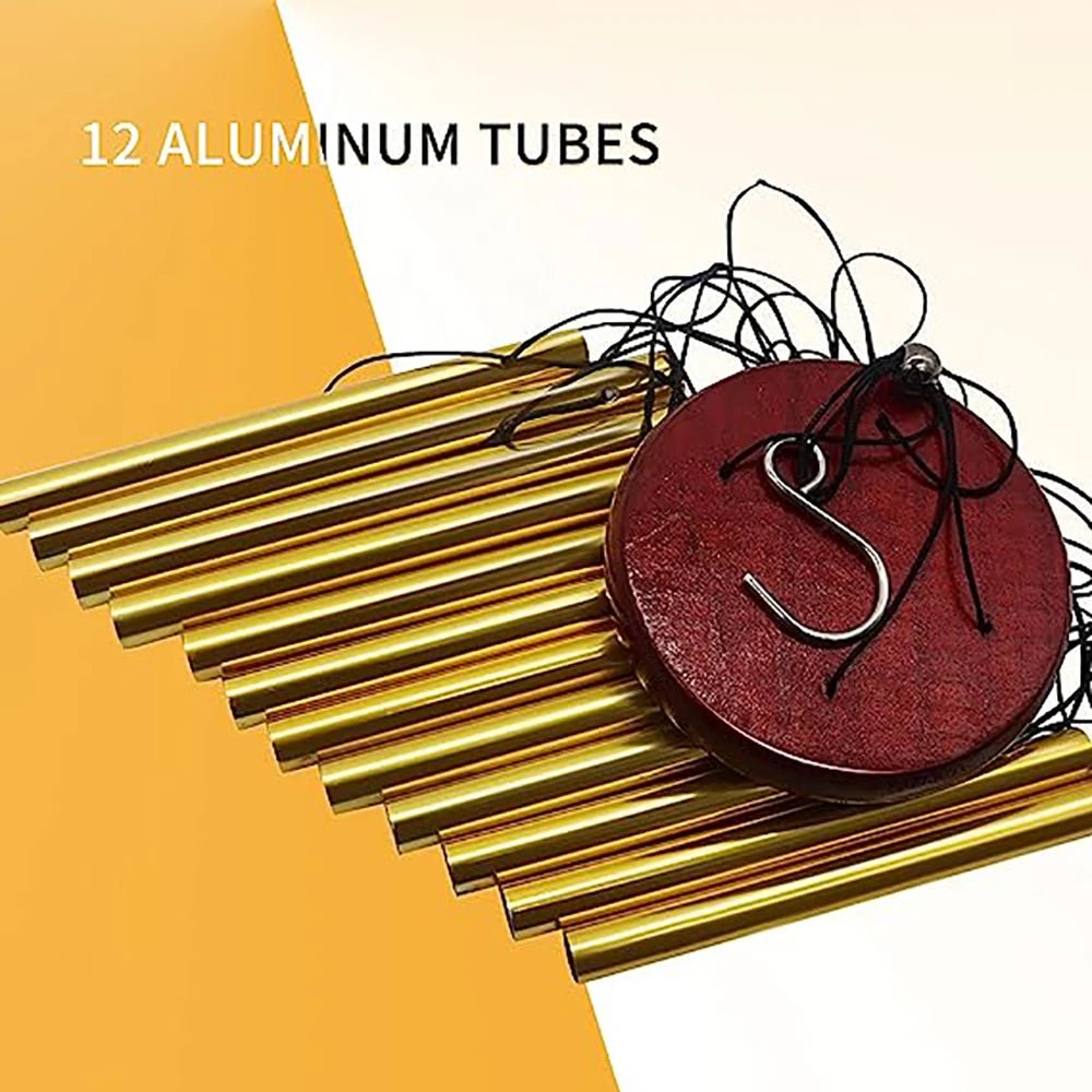 A set of twelve aluminum tubes used for a wind chime, with some tubes visible and a dark red bell.
