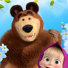 A cute bear character and a young girl character in a purple forest theme for a birthday party backdrop.