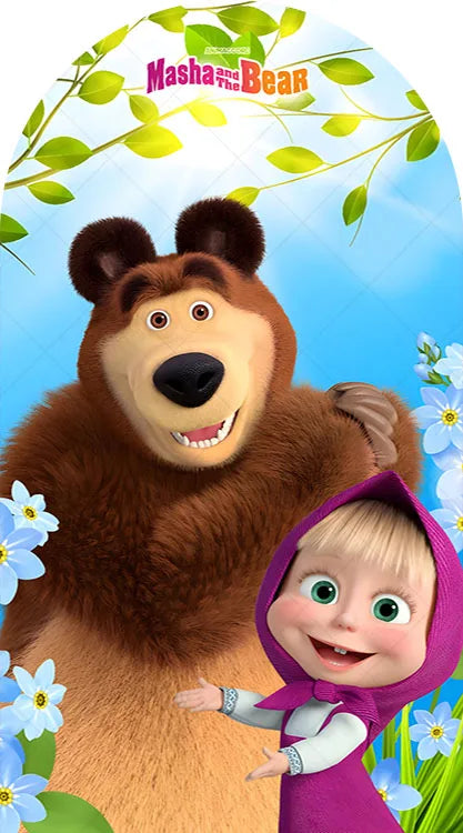 A cute bear character and a young girl character in a purple forest theme for a birthday party backdrop.