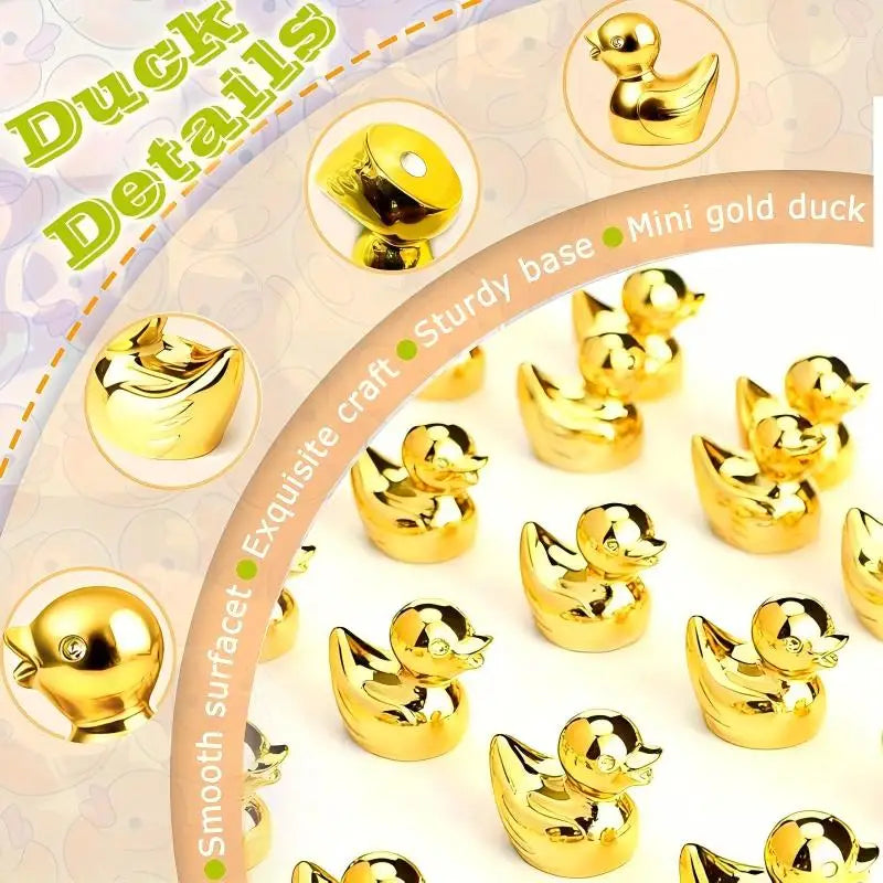 A set of small golden duck resin statues displayed on a white background.