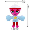 A plush toy resembling a pink and red alien with blue limbs and a yellow star on its chest.