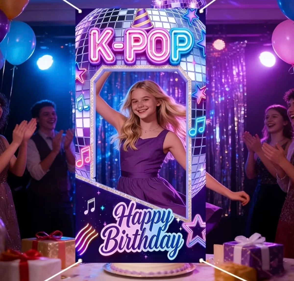 A colorful K-Pop themed photo frame backdrop for a birthday party with people celebrating in the background.