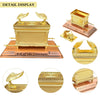 Gold decorative metal statue of the Ark of the Covenant displayed on a wooden base.