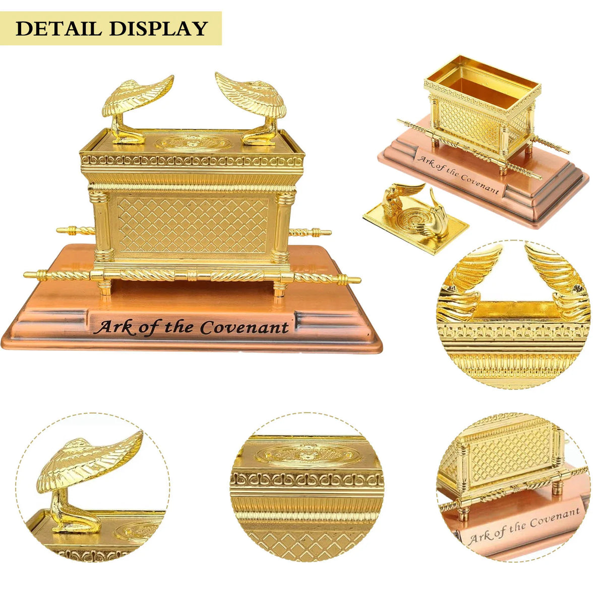 Gold decorative metal statue of the Ark of the Covenant displayed on a wooden base.