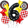 A set of nine foil balloons featuring racing tires and the number six in black and yellow colors for a birthday party decorat