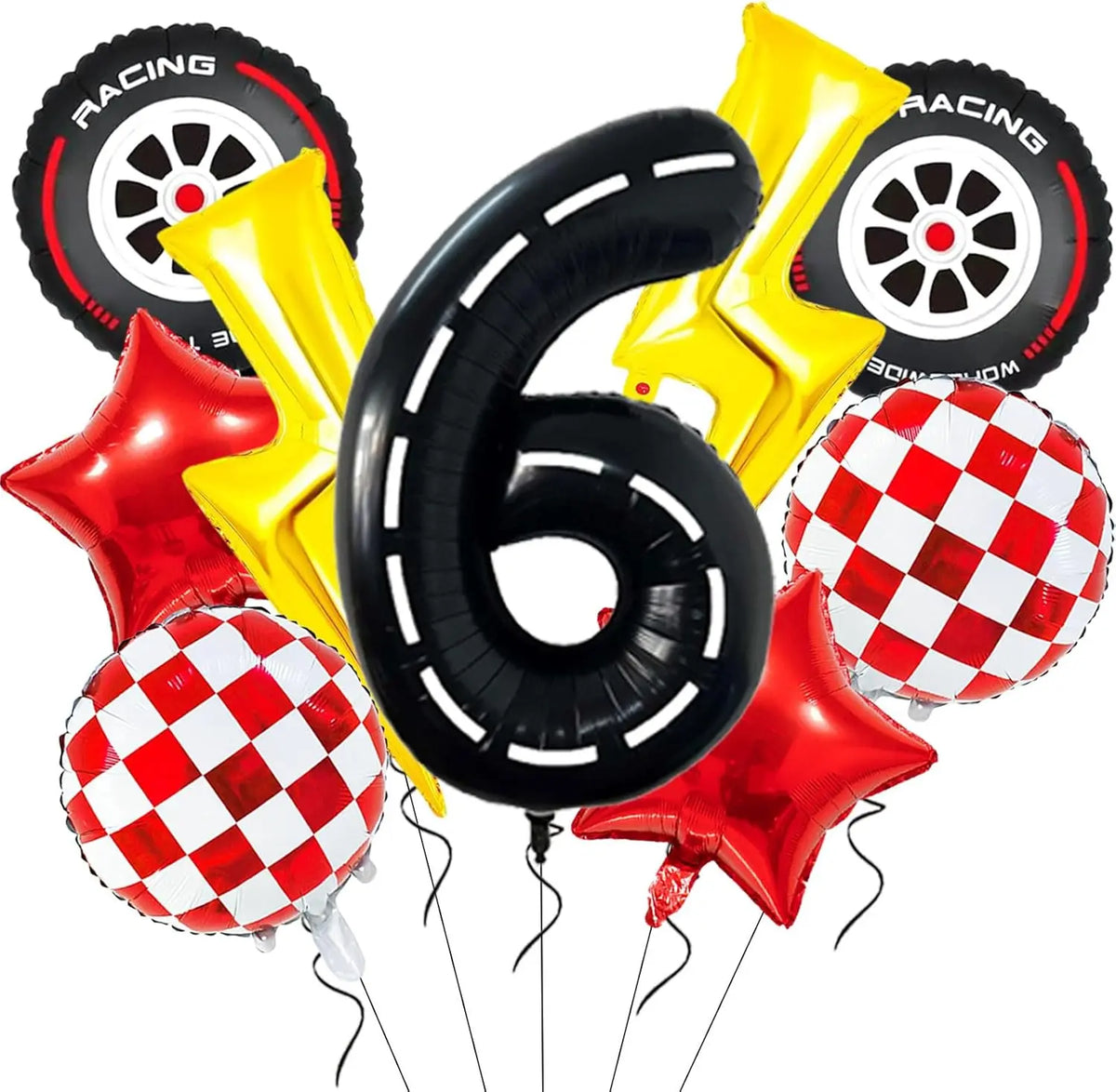 A set of nine foil balloons featuring racing tires and the number six in black and yellow colors for a birthday party decorat