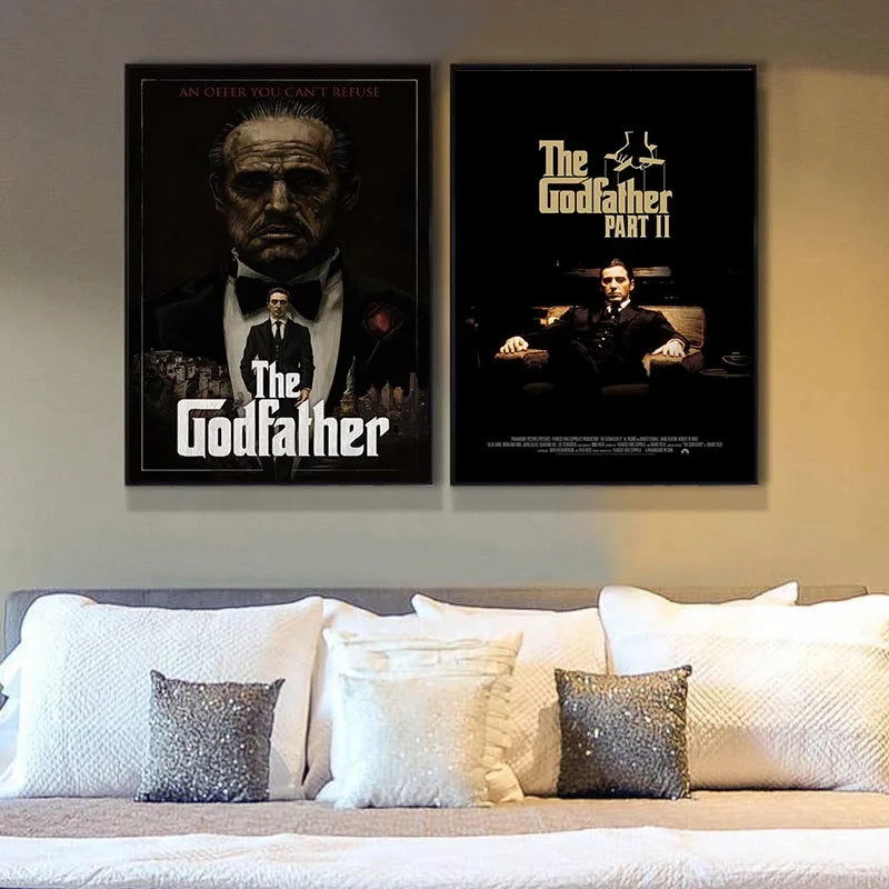 Black and white canvas wall art featuring promotional posters for The Godfather Part II and The Godfather.
