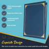 A dark navy blue certificate holder with an ornate gold foil frame and a textured cover.