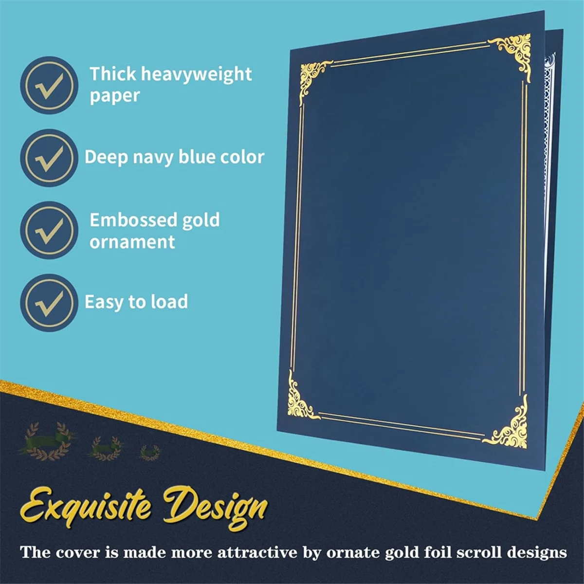 A dark navy blue certificate holder with an ornate gold foil frame and a textured cover.