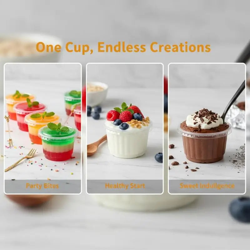 A display of various colorful desserts in clear disposable cups, including fruit toppings and chocolate mousse.