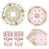 Vintage floral paper party tableware set including plates, cups, and napkins in pink and green tones