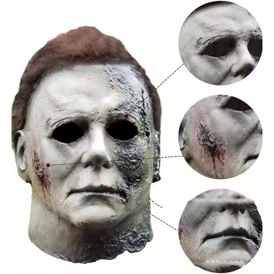 A realistic horror mask resembling Michael Myers, featuring pale skin and facial scarring.