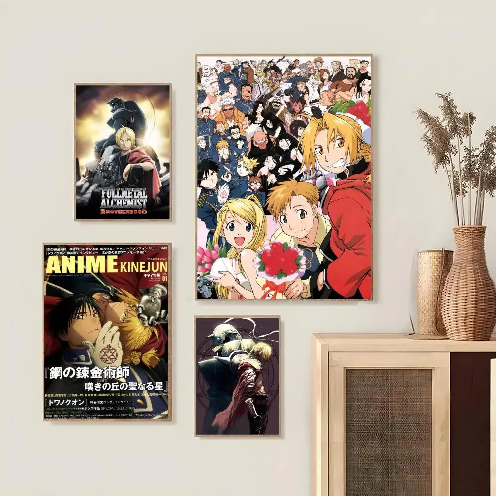 Anime poster featuring characters from Fullmetal Alchemist in various dynamic scenes.