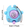 A light blue guessing game egg with a purple center and a silver chain.