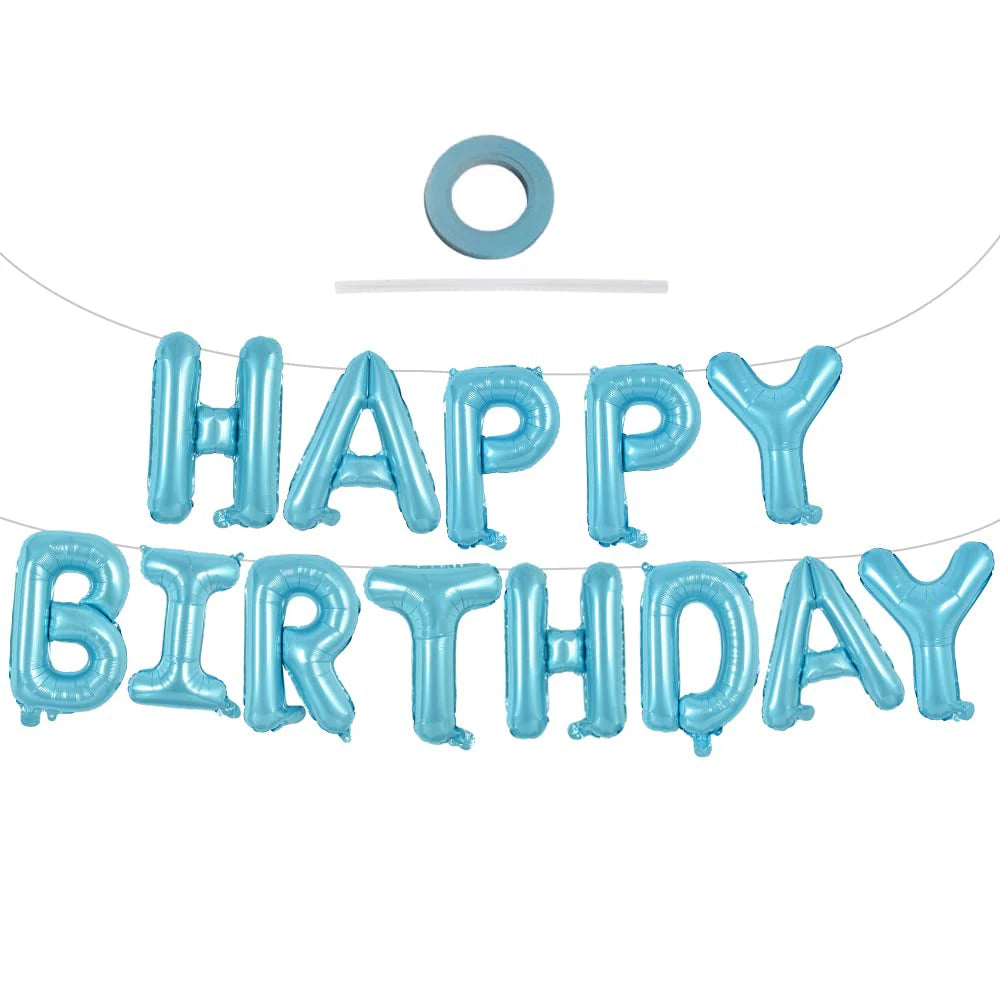 A set of blue foil balloons spelling out Happy Birthday, suspended by a string.