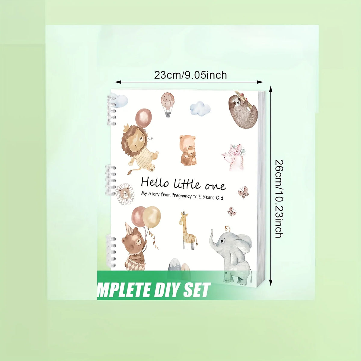 A DIY set for a pregnancy and baby memory journal organizer featuring various animal figures and accessories.