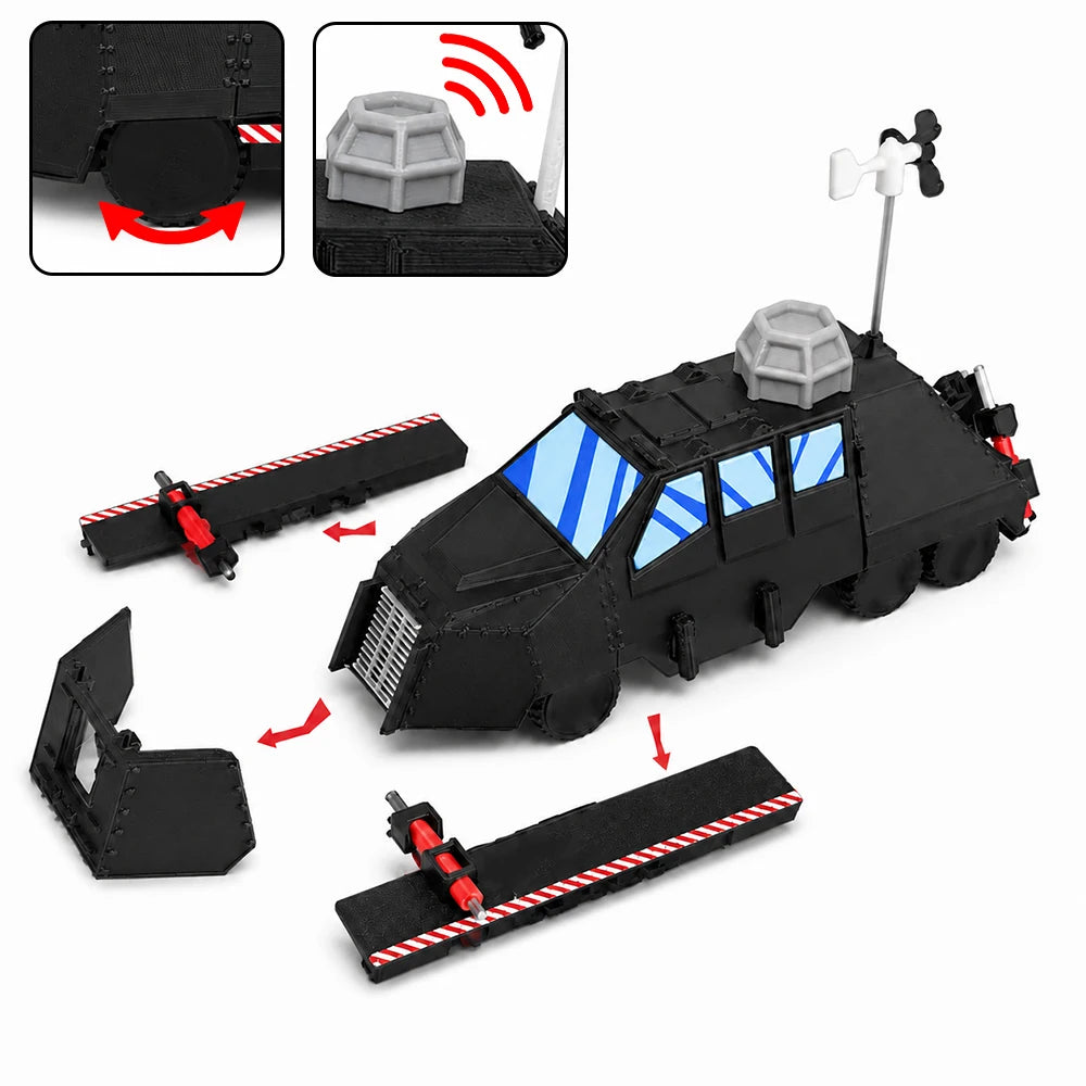 A black 3D printed model of an intercept vehicle with removable components and a sensor antenna.