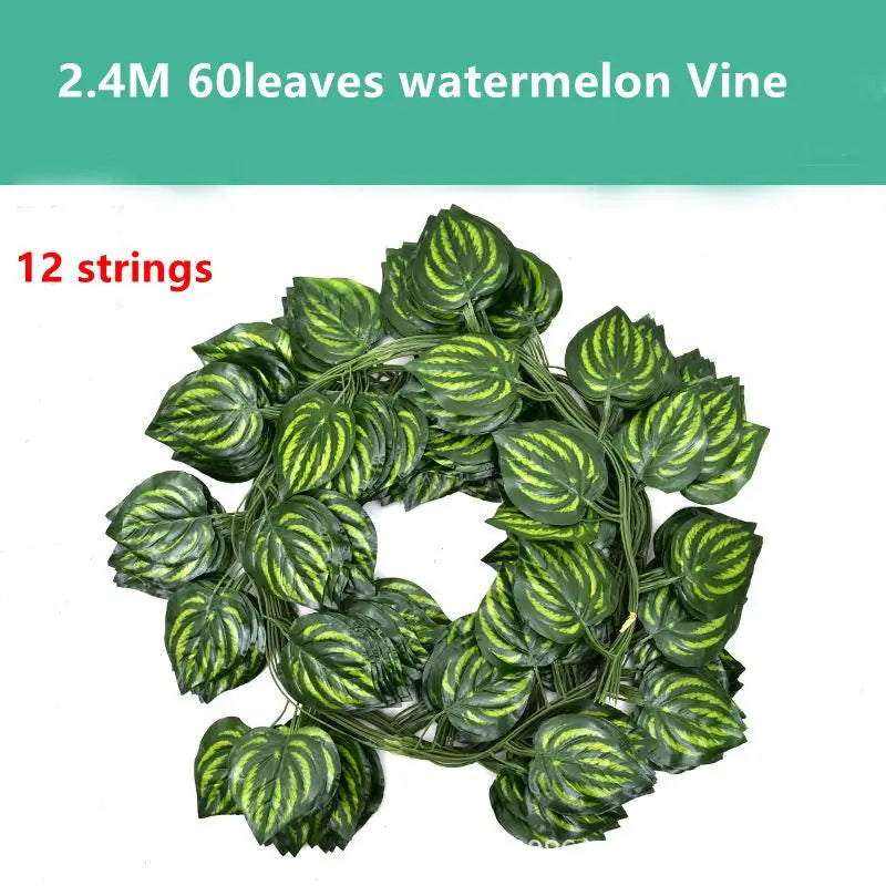 A lush green watermelon vine with 60 leaves and 12 strings for wall decor.