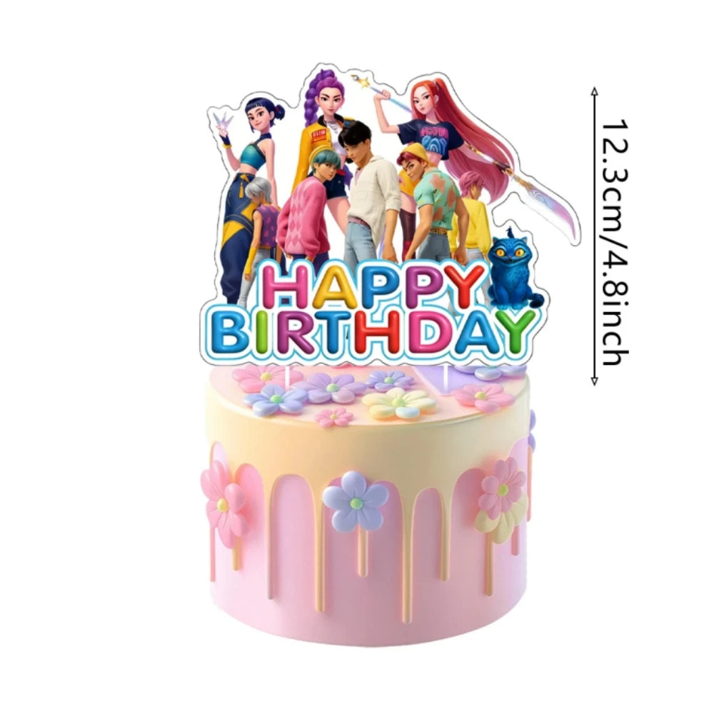 A round pink birthday cake decorated with colorful floral drips and anime girl character toppers.