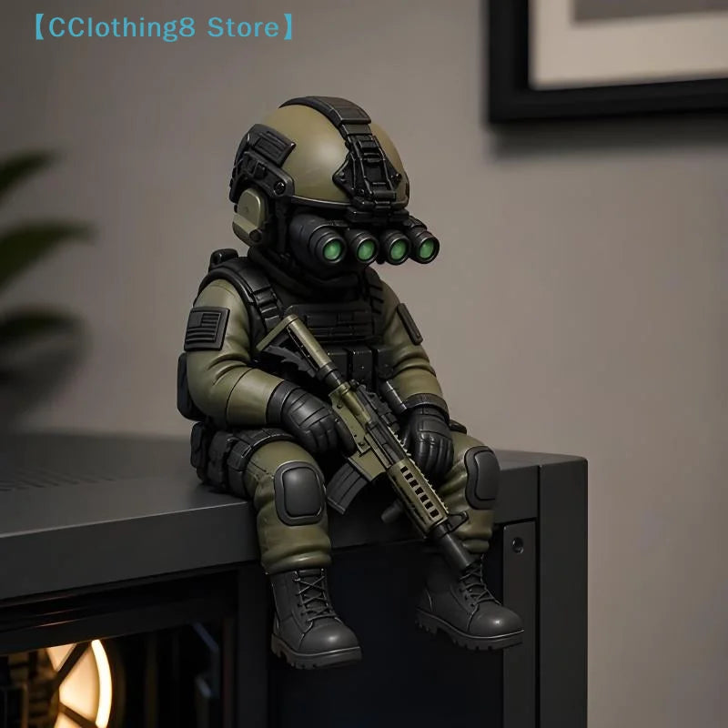 A detailed resin collectible statue of a tactical sniper soldier figurine with a green visor and olive drab armor.