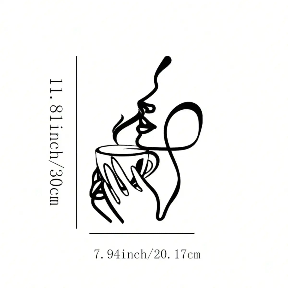 Minimalist line art sculpture of a hand holding a cup with steam rising from it.