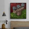 A framed piece of wall art depicting a pixelated scene with brown and green tones.