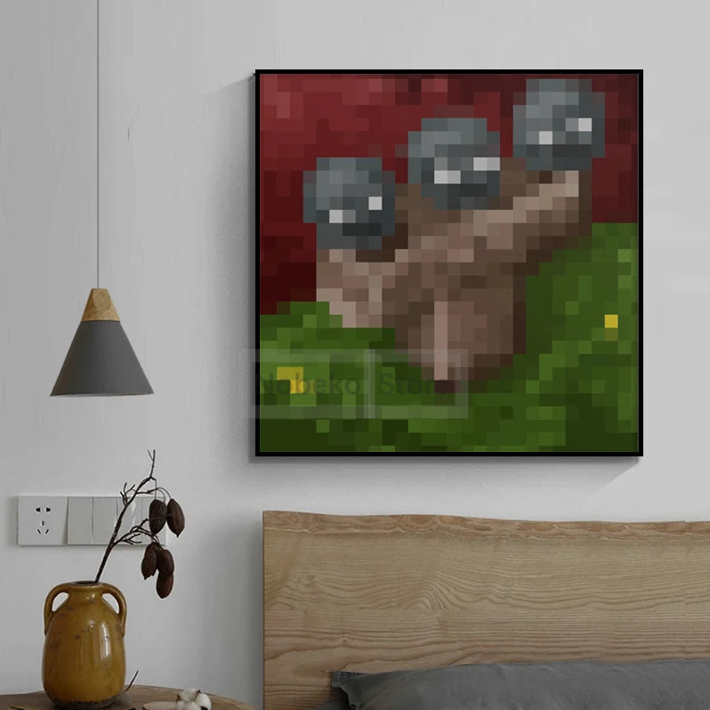 A framed piece of wall art depicting a pixelated scene with brown and green tones.