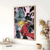 Anime poster featuring characters from Fullmetal Alchemist in a dynamic style with pink and dark tones