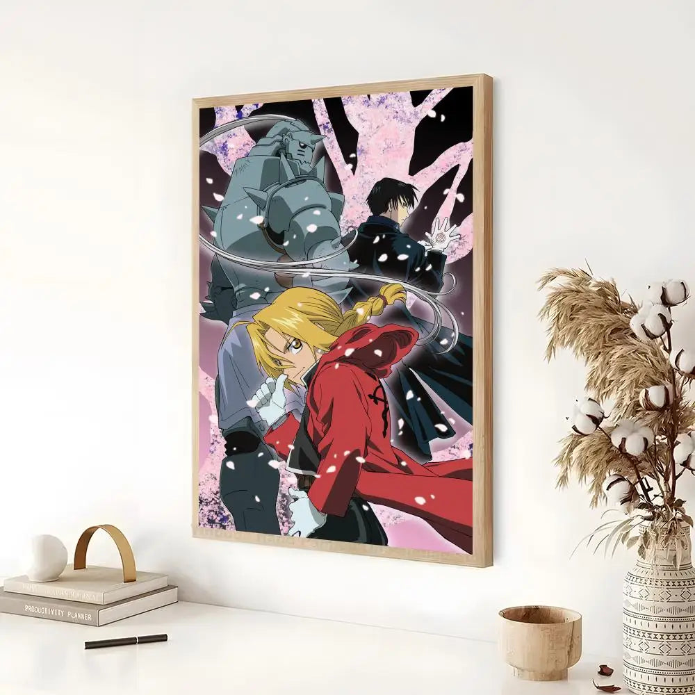 Anime poster featuring characters from Fullmetal Alchemist in a dynamic style with pink and dark tones