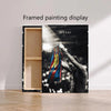 Framed painting display of a black and white photo of Lionel Messi in a football jersey