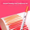 A set of smooth painting and continuous ink markers showing various shades of orange and red on white paper.