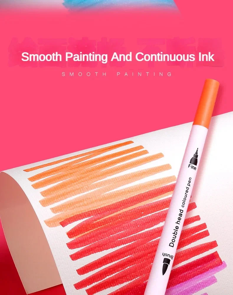 A set of smooth painting and continuous ink markers showing various shades of orange and red on white paper.