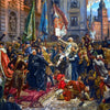 A historical painting depicting a crowded street scene with figures in period clothing and architecture.