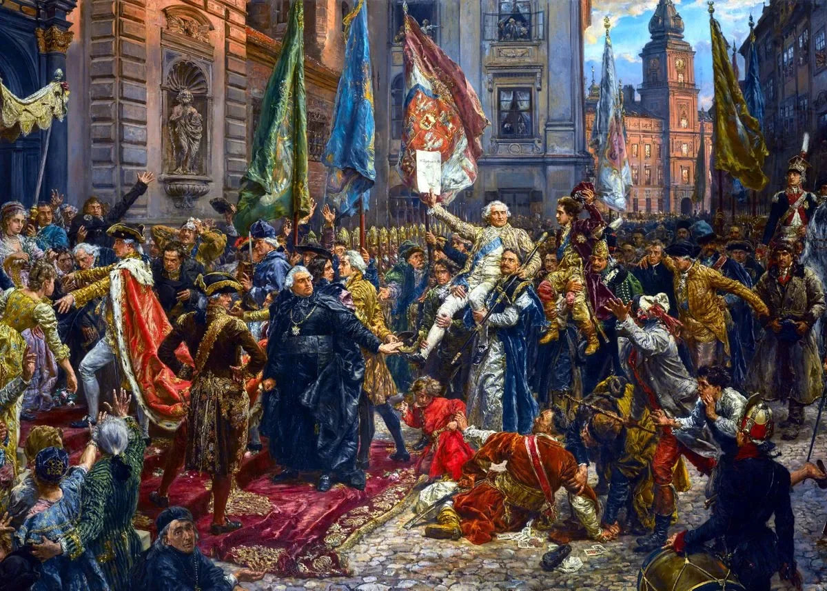 A historical painting depicting a crowded street scene with figures in period clothing and architecture.