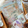 Une collection de feuilles de papier de journal vintage avec des motifs floraux et botaniques dans des roses et verts sourds