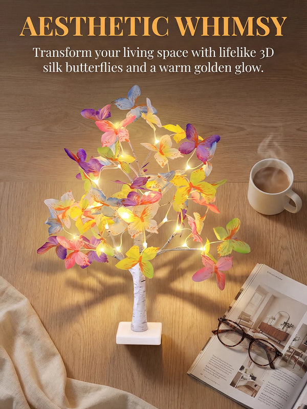 A decorative butterfly flower tree lamp illuminates a living space with a warm golden glow.