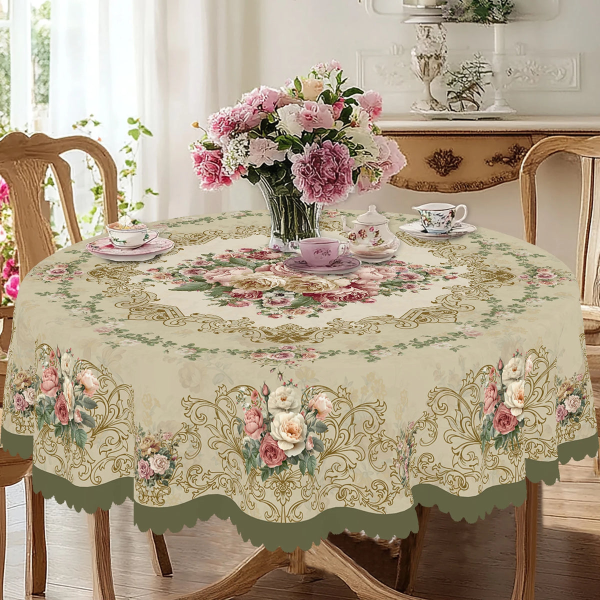 A vintage rose floral tablecloth with elegant designs is displayed on a wooden table.