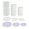 A set of three white cylinder pedestal display stands, including three tall cylinders and four round discs.