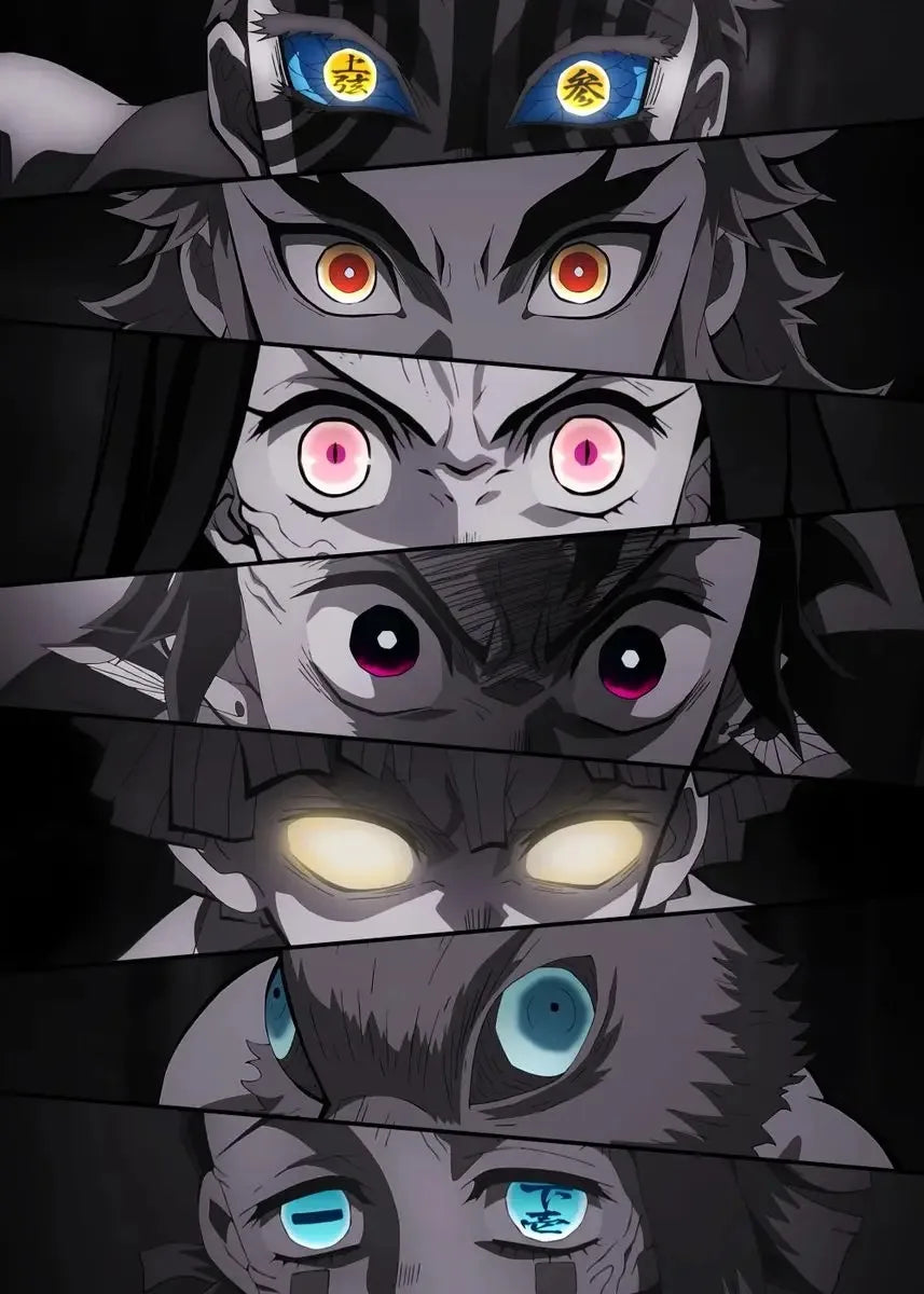 A vertical collage of multiple intense, glowing eyes belonging to various demons or characters from Demon Slayer anime.
