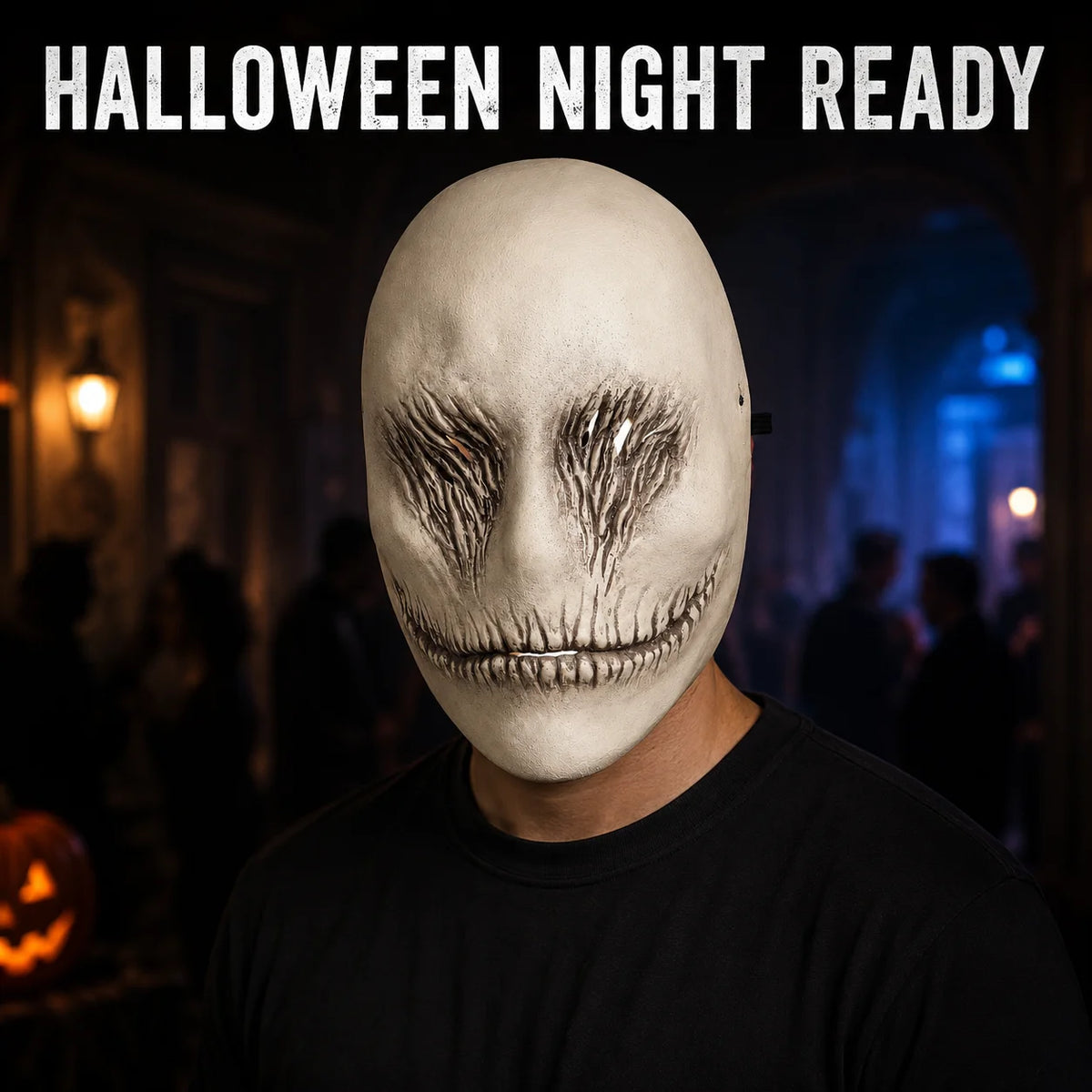 A person wearing a white sculpted ghost face mask with dark, menacing features against a dimly lit background.