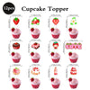 A set of strawberry cupcake toppers featuring various designs and a banner for birthday party decoration.