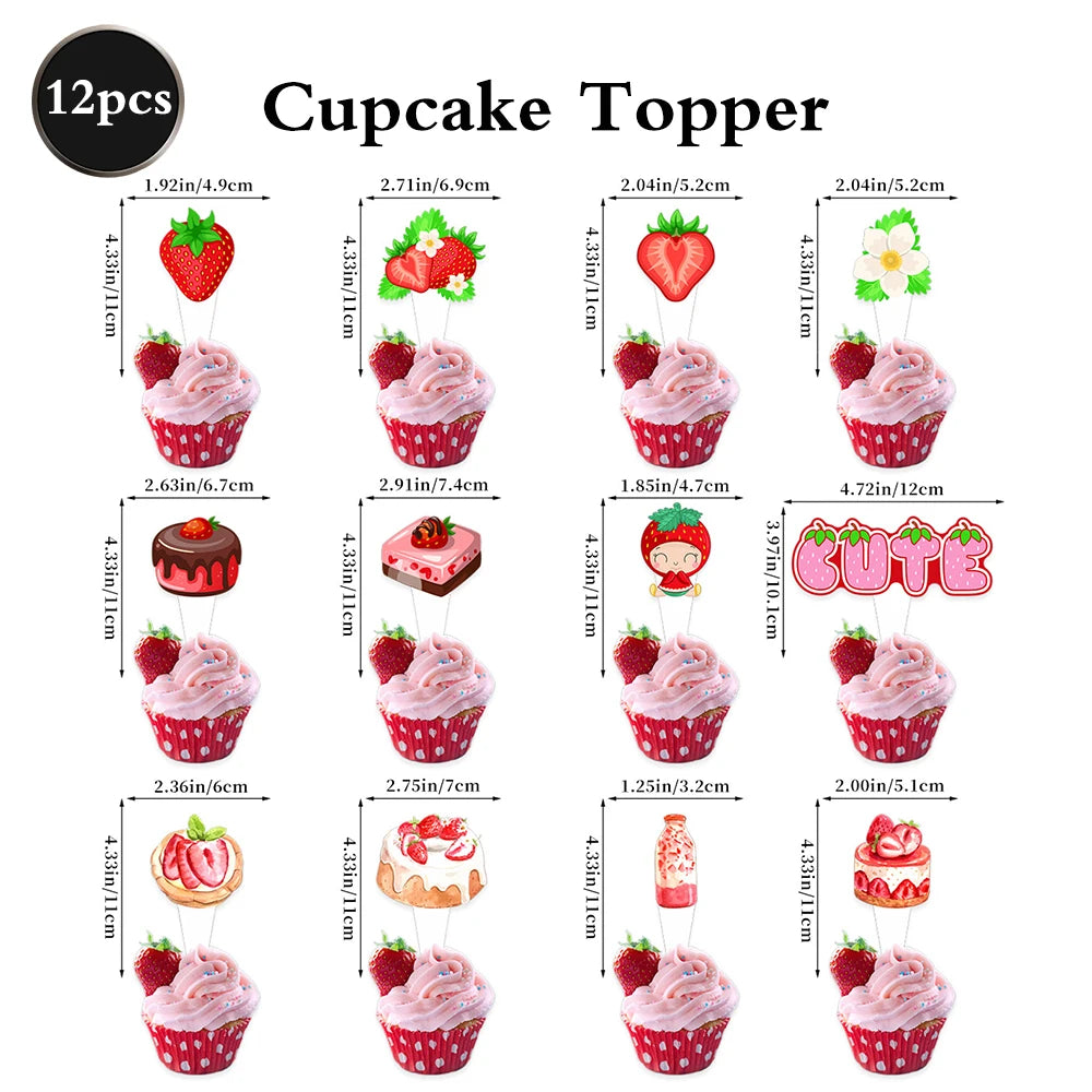 A set of strawberry cupcake toppers featuring various designs and a banner for birthday party decoration.