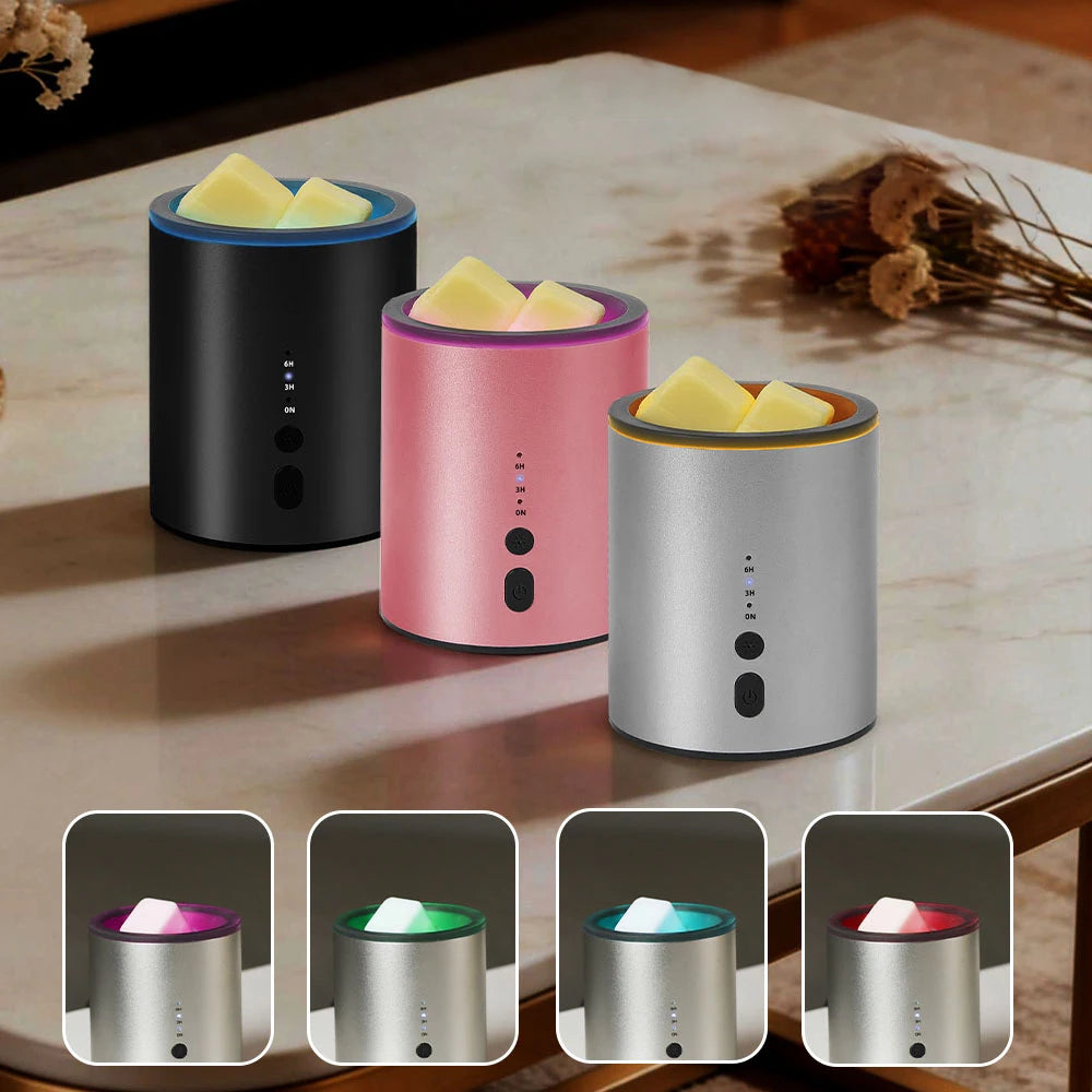 Three versions of an RGB candle warmer lamp with timer for wax melts and essential oils shown in different colors.