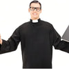 A man in a black clerical shirt and glasses holds a wooden cross and a book.