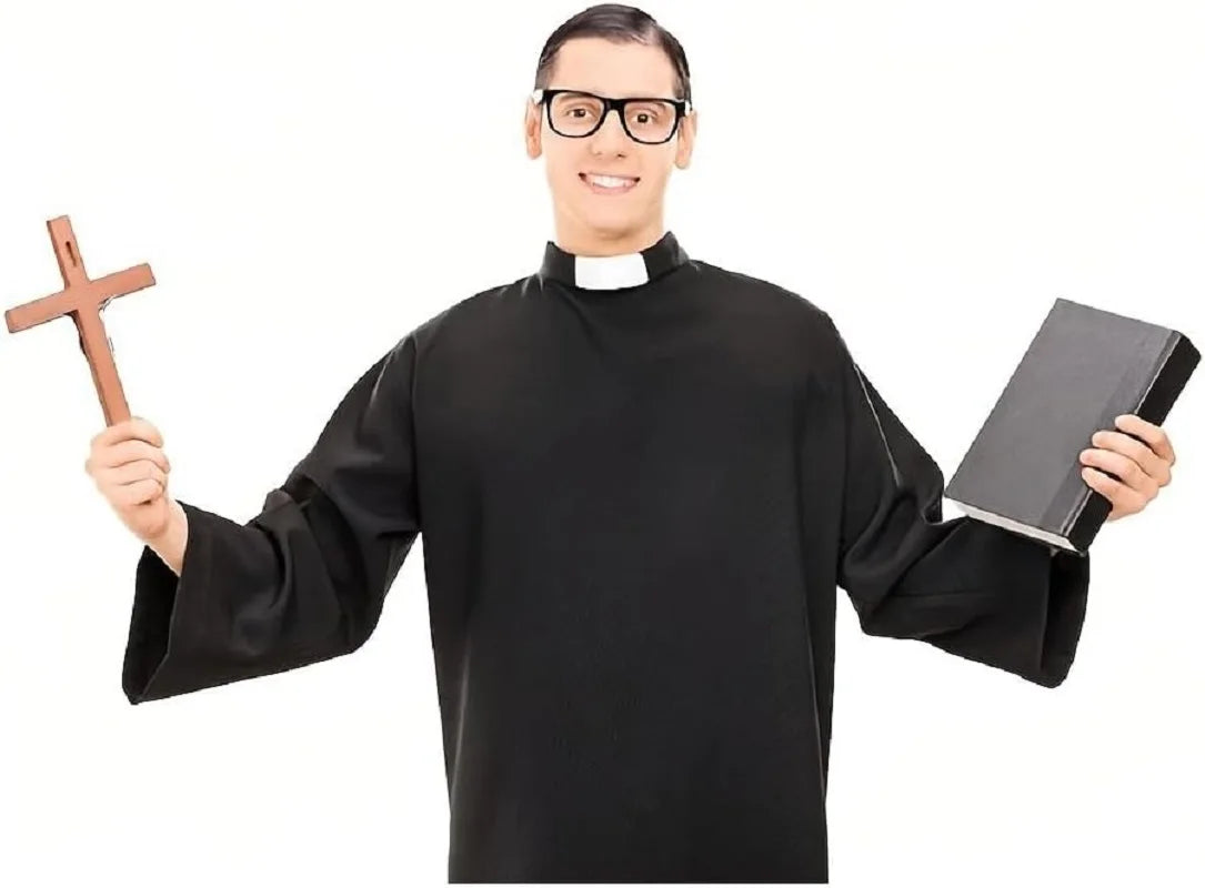 A man in a black clerical shirt and glasses holds a wooden cross and a book.
